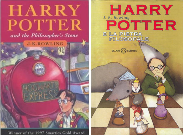 "Harry Potter and the Philosopher's Stone", by J K Rowling. UK version (left) and Italian version (right)