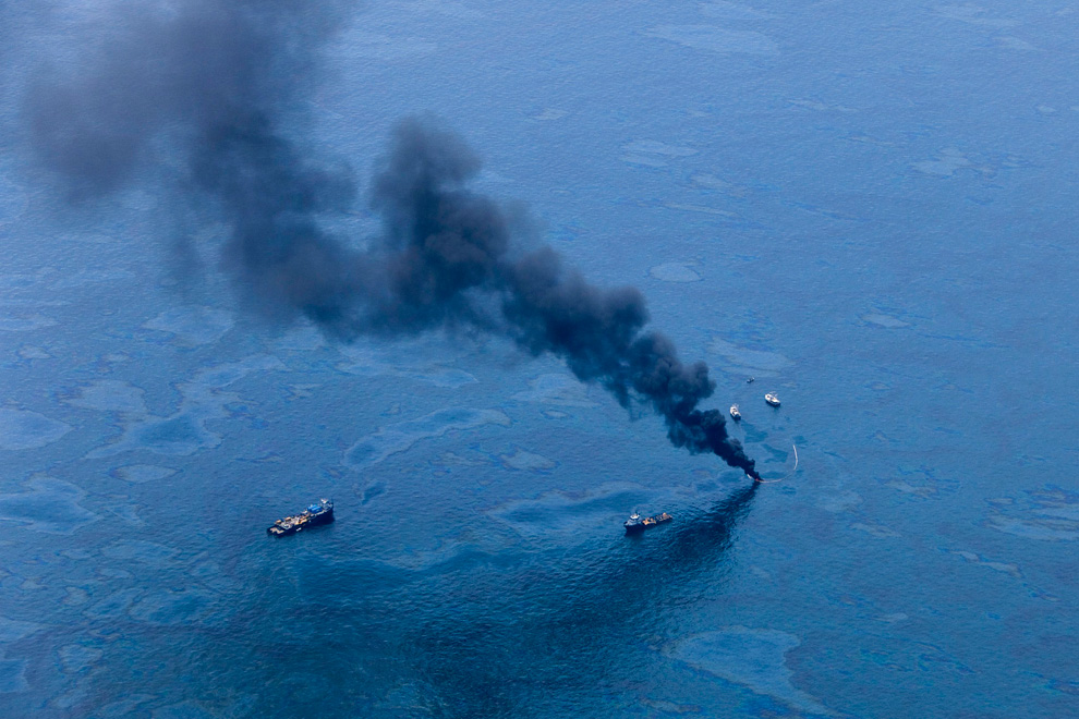 Smoke plume rising from sea, BP oil spill, Gulf of Mexic